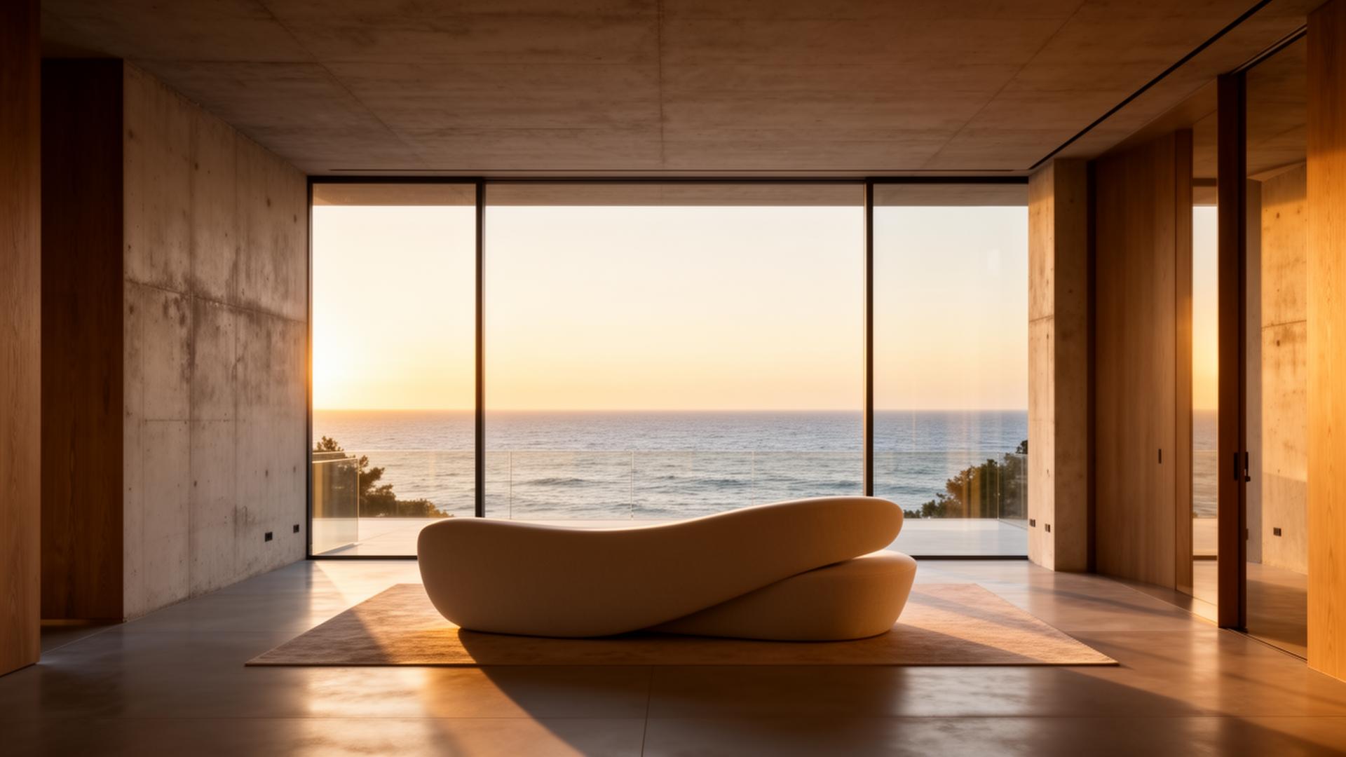Interior de uma casa moderna ao entardecer, com vista para o mar